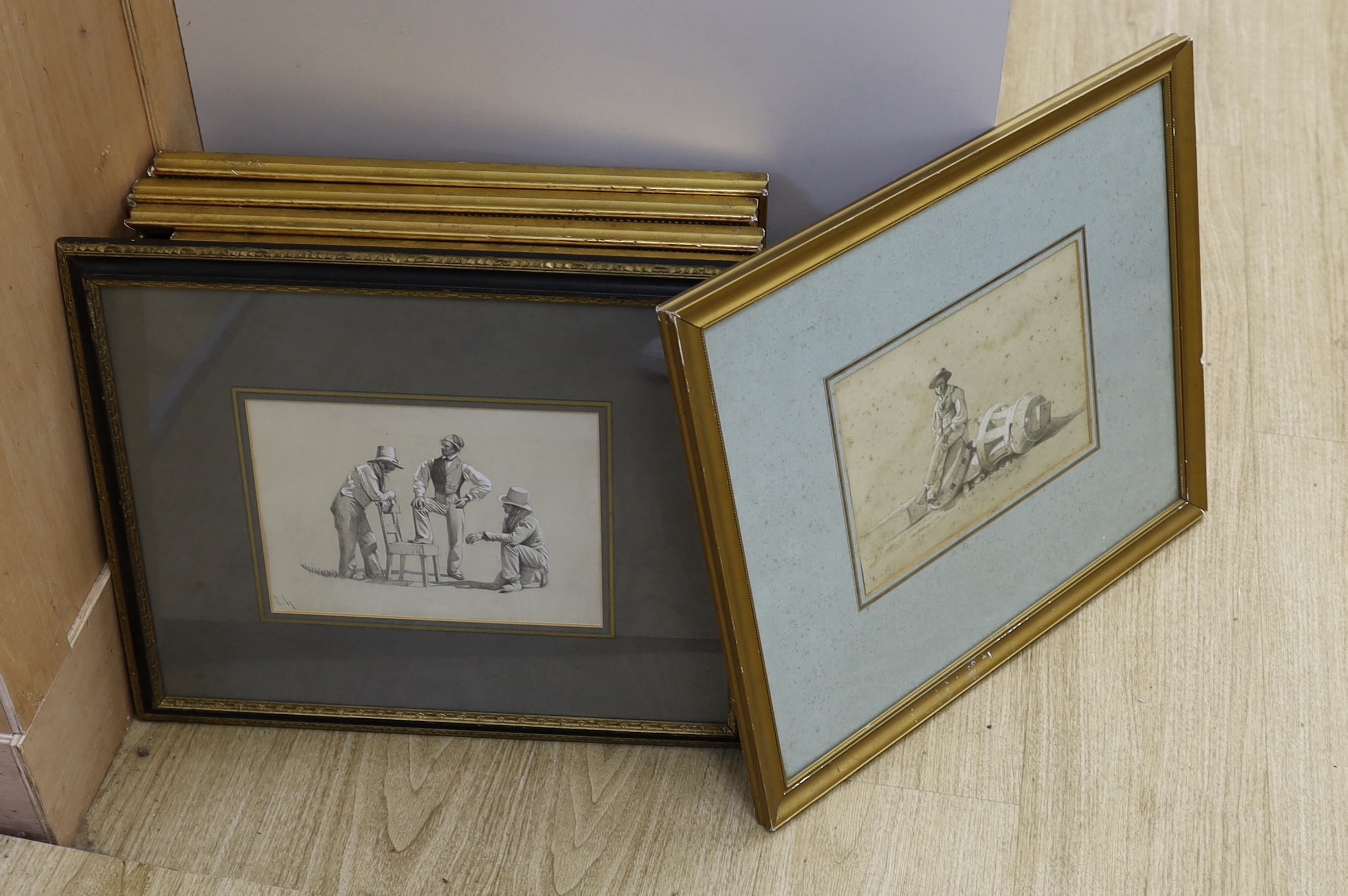 19th Century Neapolitan School, set of seven heightened pencil drawings, Italian and North African figures, largest 24cm x 17cm